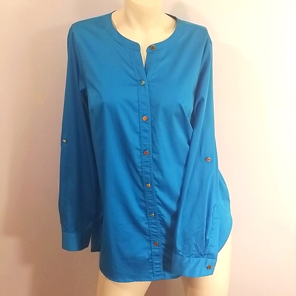 Michael Kors - Women's Cerulean Blue Button Down Shirt - Picture 2 of 9